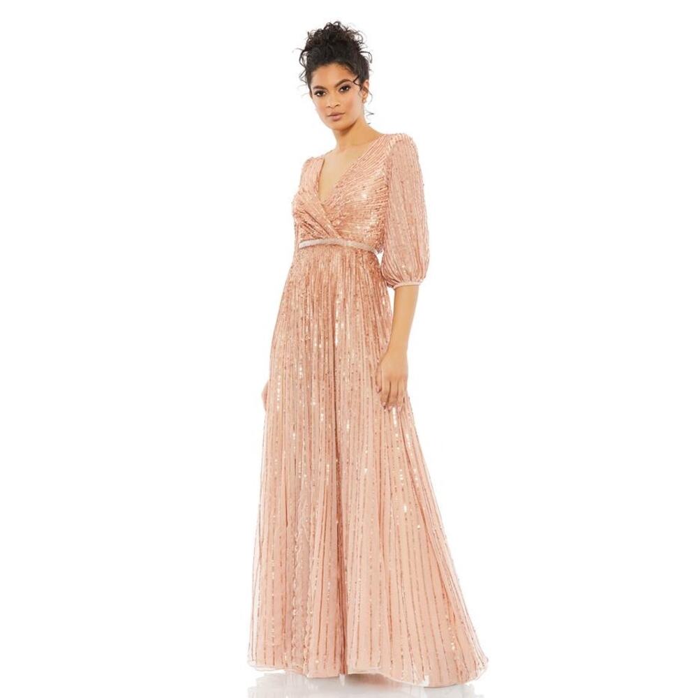 NEW Mac Duggal Sequined Wrap Over 3/4 Sleeve Gown in Apricot Size 18